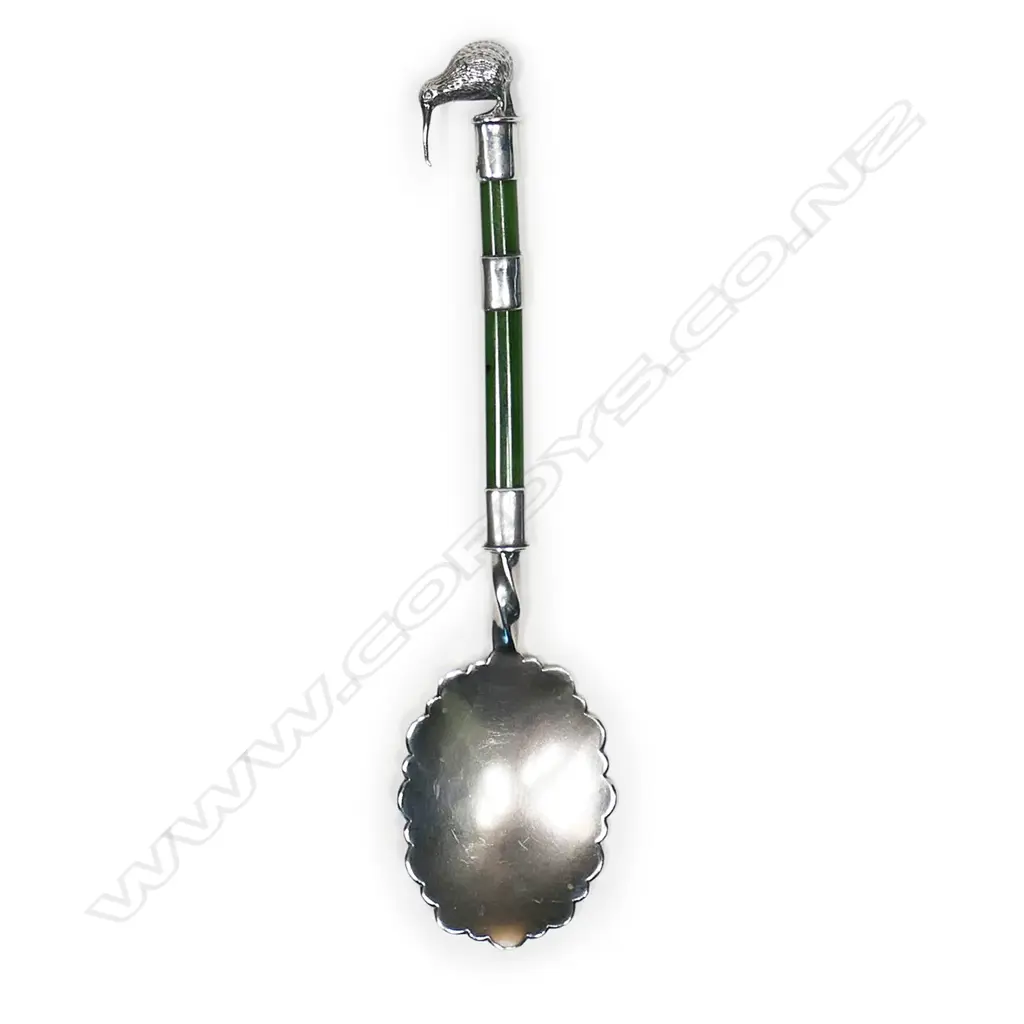 Frank  Hyams (Dunedin) silver and greenstone spoon 1903, Image 1++